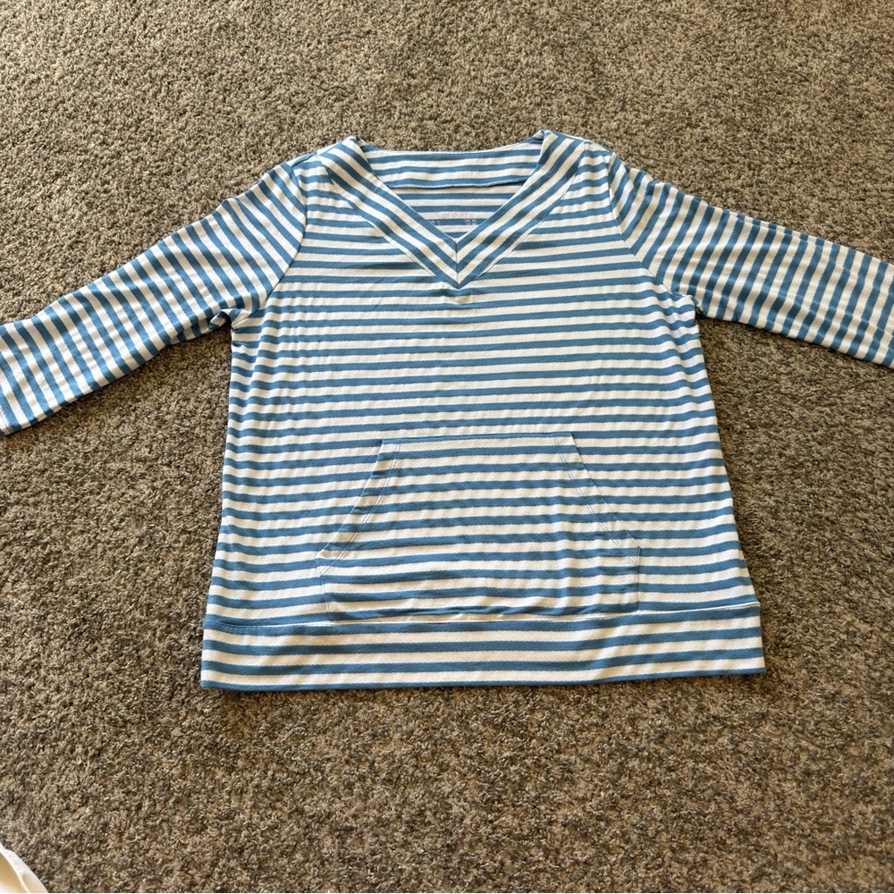AnyBody Blue & White Striped V-Neck Long Sleeve womens Top size L